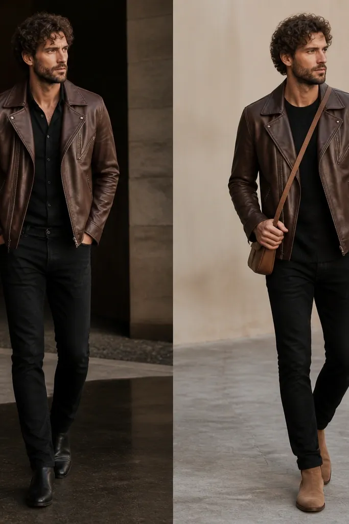 Left: brown leather jacket over a black shirt with black jeans and black boots, resulting in a heavy look. Right: same jacket over a black knit tee, black jeans, but tan-brown boots and a small tan crossbody bag.