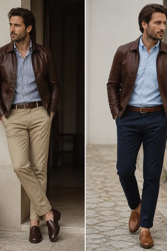 Left: brown leather jacket with a striped shirt, khaki pants, and brown loafers that look too dark. Right: same jacket with a solid light blue button-down, navy chinos, and slightly lighter cognac loafers.