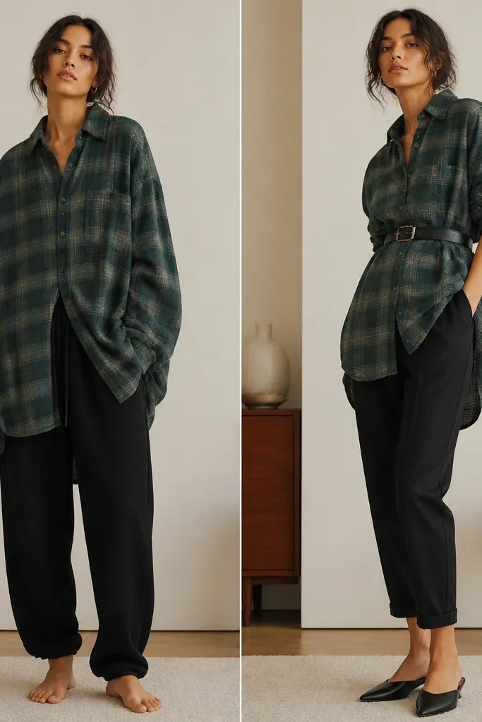 Before/after image: left has an oversized green flannel worn like a blanket over black joggers, pooling at the thighs. Right shows the same flannel cinched with a black belt at the waist, worn over tapered pants, with the front hem lifted slightly and the back falling cleanly.