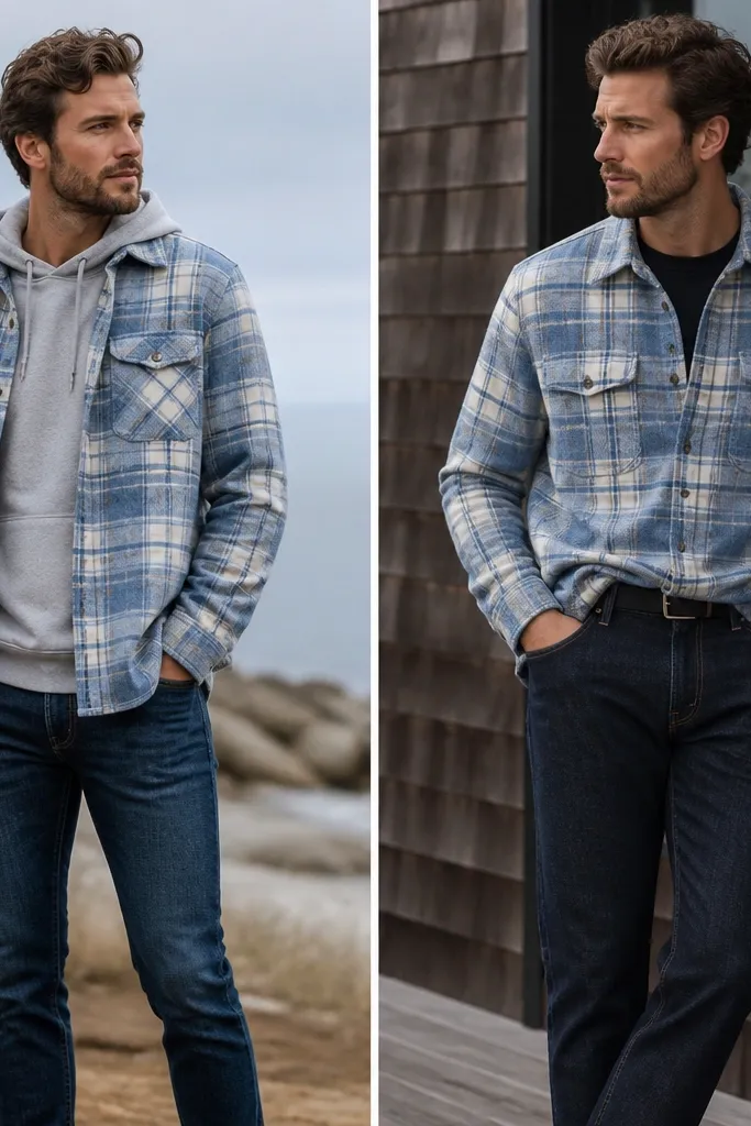 Two photos: left shows a light blue flannel worn over a hoodie, hem untucked, with slim jeans. Right shows the flannel buttoned like a shirt jacket over a thin black base layer, front tucked slightly, and paired with straight-leg dark denim.