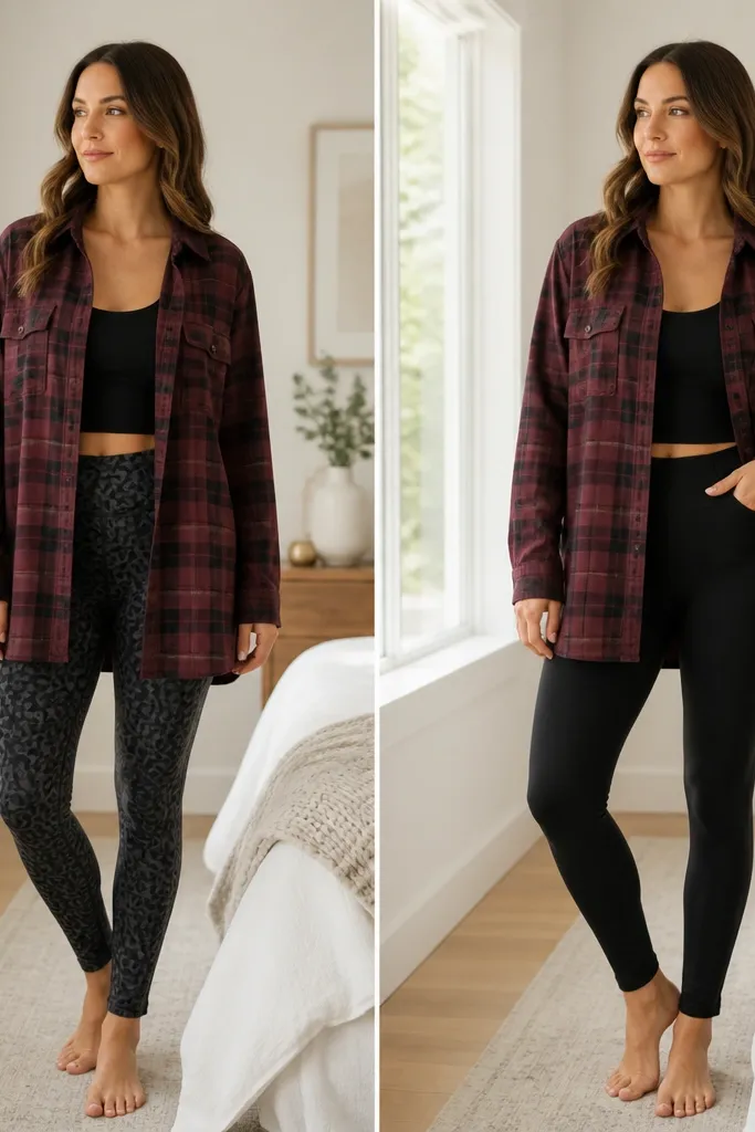 Before/after: left shows a burgundy flannel worn open over patterned leggings, with the flannel hem ending mid-thigh. Right shows the same flannel over solid black leggings with a subtle forward tuck at the front and a longer hem visible past the hips.