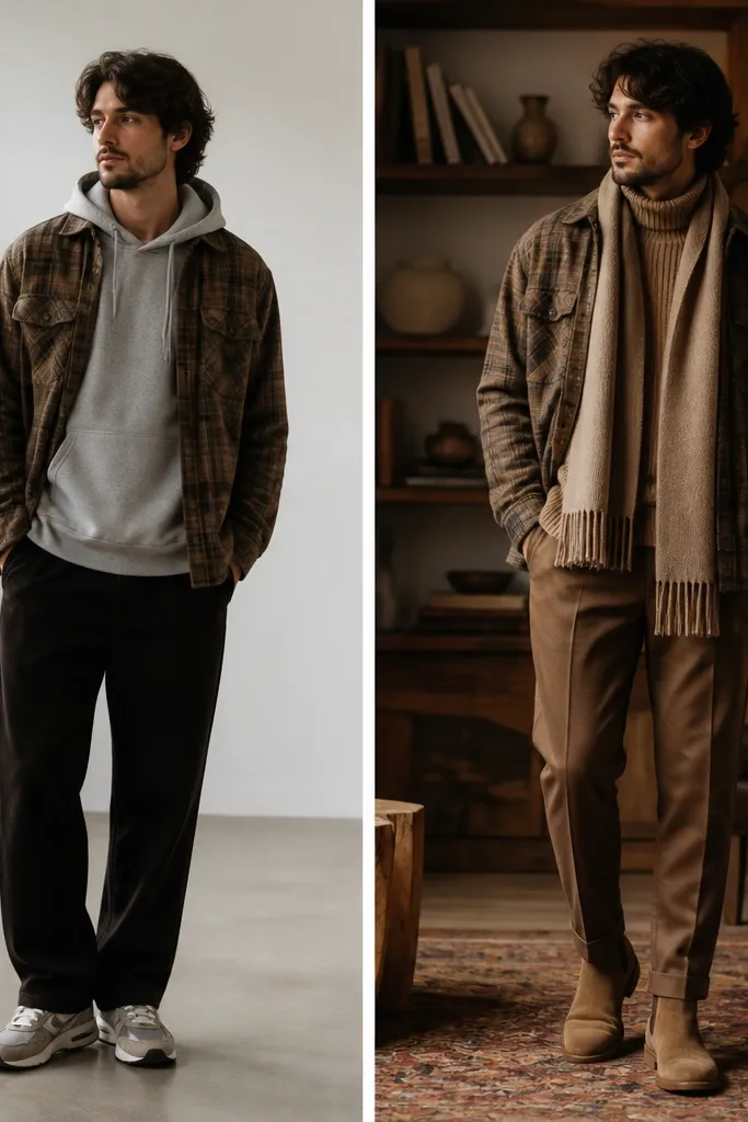 Side-by-side: left has a neutral plaid flannel over a gray hoodie with random sneakers. Right shows the flannel layered over a tan knit turtleneck with matching camel boots and a beige scarf, creating a brown-on-brown palette.