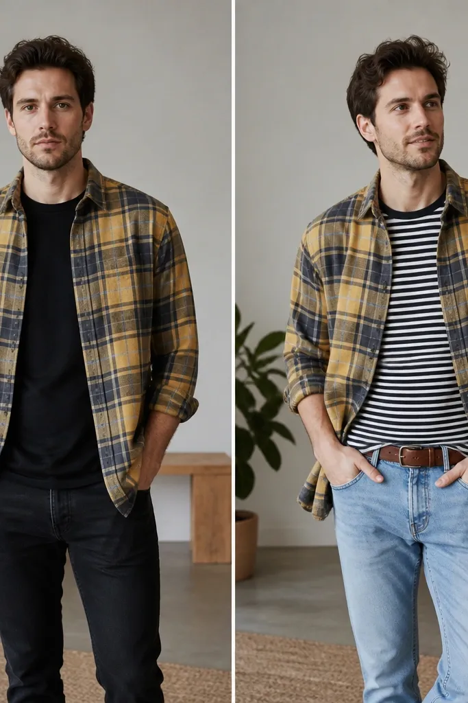 Before/after: left shows a yellow-and-gray flannel worn over a plain black tee with dark jeans and no accessories. Right shows the same flannel over a black-and-white striped tee, with a brown belt and a watch, plus lighter wash jeans.
