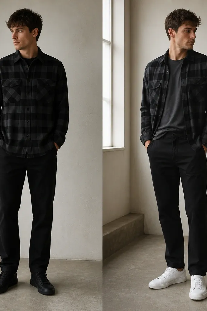 Two photos: left shows a black plaid flannel worn with black pants and black sneakers, looking flat and heavy. Right shows the same flannel with a dark gray tee, black pants, and crisp white low-top sneakers, plus the flannel hem slightly shortened by a gentle roll at the front.