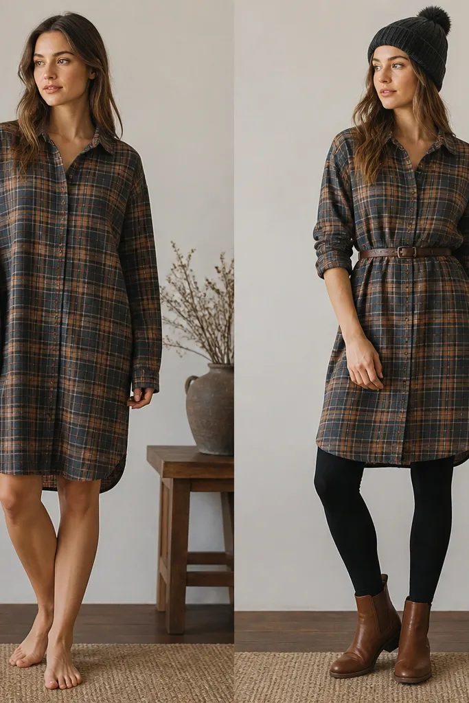 Before/after: left shows a long flannel dress worn loose over bare legs with no belt, creating a shapeless silhouette. Right shows the same dress belted at the waist over black leggings, with sleeves rolled and a fitted beanie plus ankle boots.