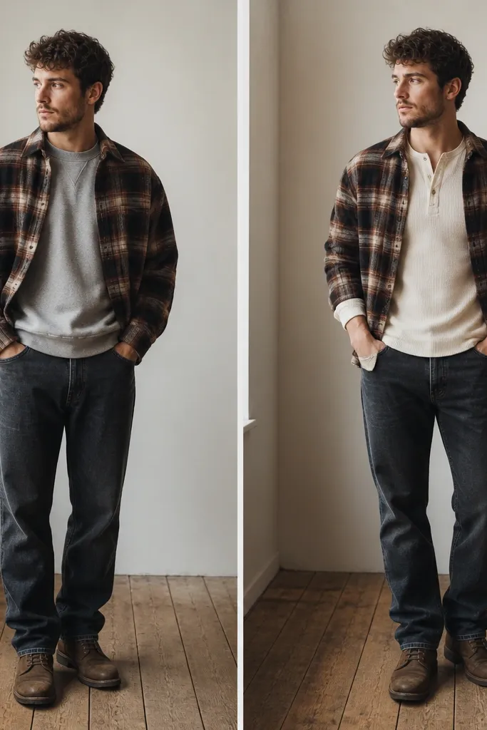 Before/after: left has a plaid flannel worn open over a bulky sweatshirt, making the shoulders look wide. Right shows the flannel open over a fitted henley in cream, with the henley hem slightly peeking out and the flannel sleeves cuffed.