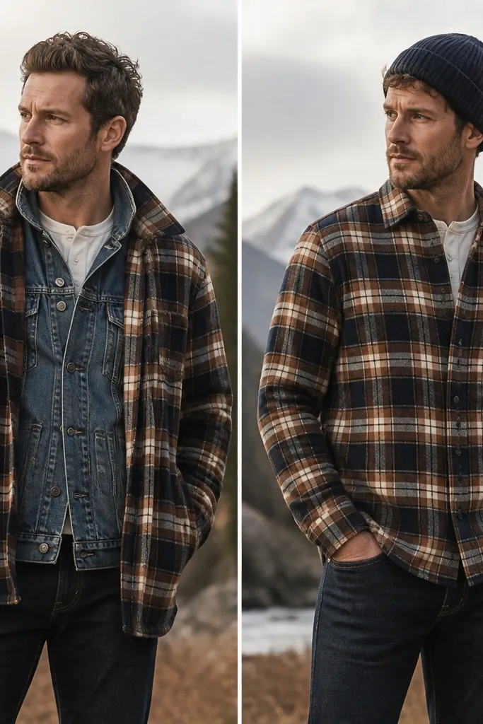Before/after: left shows a flannel worn open over a denim jacket with double layers, making the outfit bulky and the plaid partially hidden. Right shows the denim jacket removed, flannel buttoned halfway, and paired with a solid knit beanie and dark jeans.