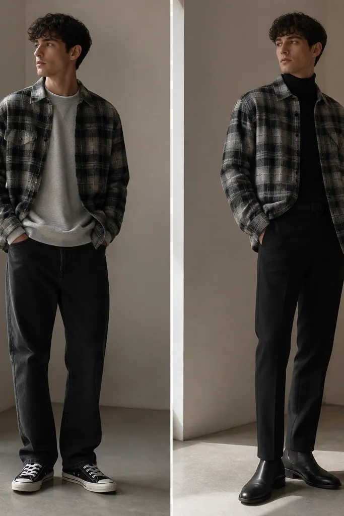 Before/after: left shows a gray plaid flannel worn over a crewneck sweatshirt with untucked hem. Right shows the same flannel layered over a black turtleneck, hem half-tucked, and paired with straight black trousers and sleek Chelsea boots.