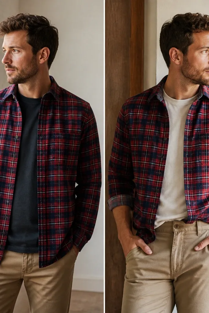 Two photos: left has red plaid flannel worn over a dark tee with khaki pants, but the flannel hem hangs straight and sleeves are unrolled. Right shows the flannel with sleeves cuffed, a front tuck, and a lighter tee underneath, plus a brown leather watch.
