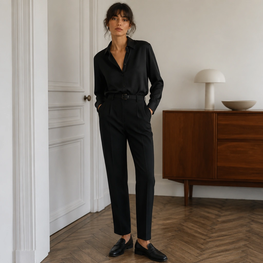 A black button-up buttoned to the mid-chest, tucked into high-waisted straight-leg trousers; black leather loafers and a slim belt are visible.
