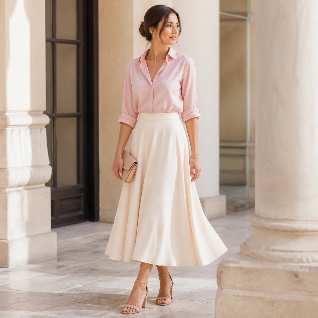 A pastel pink button-up with sleeves rolled to the forearm, tucked into a flowing cream midi skirt; nude block-heel sandals and a small clutch appear.