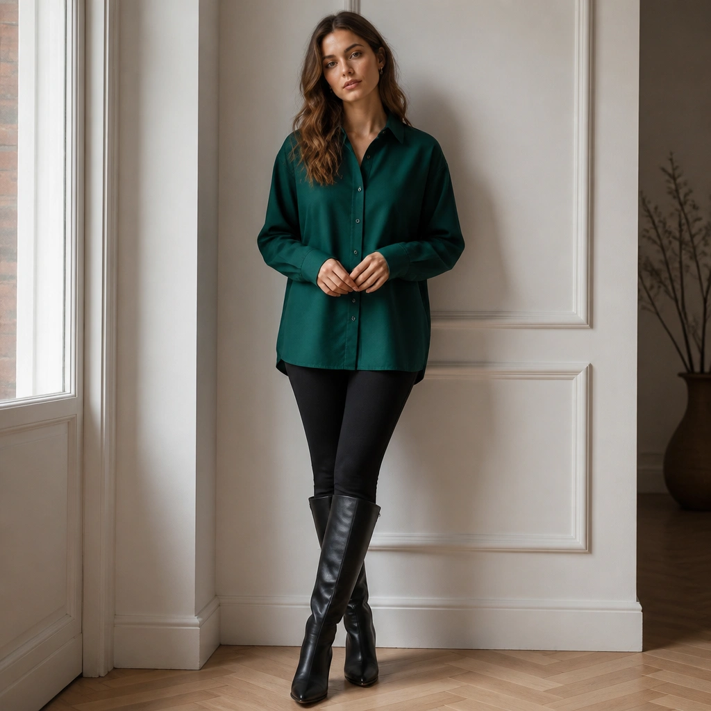 An emerald green button-up worn untucked over black leggings; the hem sits mid-hip and knee-high black boots dominate the lower half.