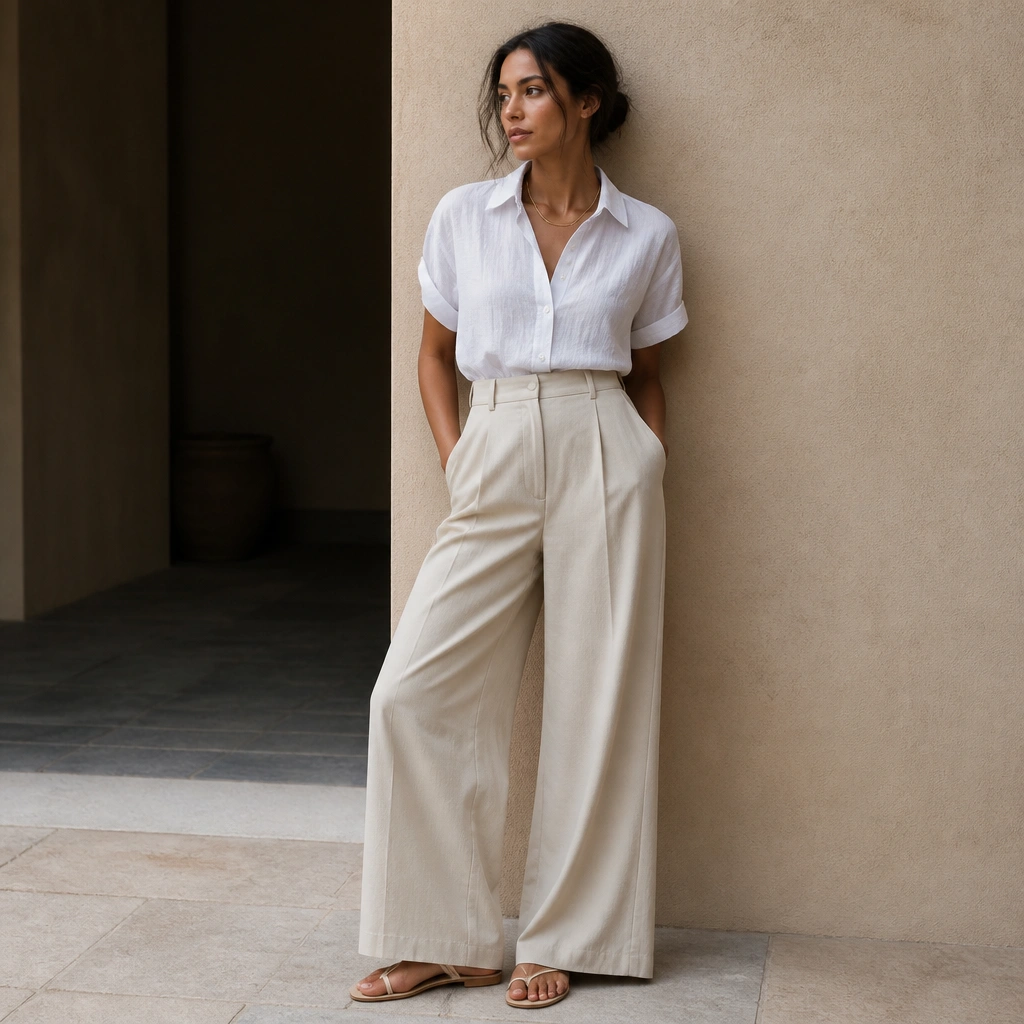 A cropped button-up tucked fully into high-waisted wide-leg pants; flat minimal sandals and a slim gold necklace are shown.
