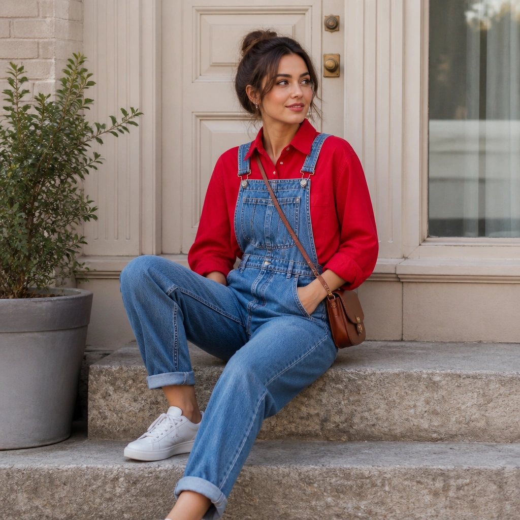 A bright red button-up layered under denim overalls; sneakers and a small crossbody bag are visible.