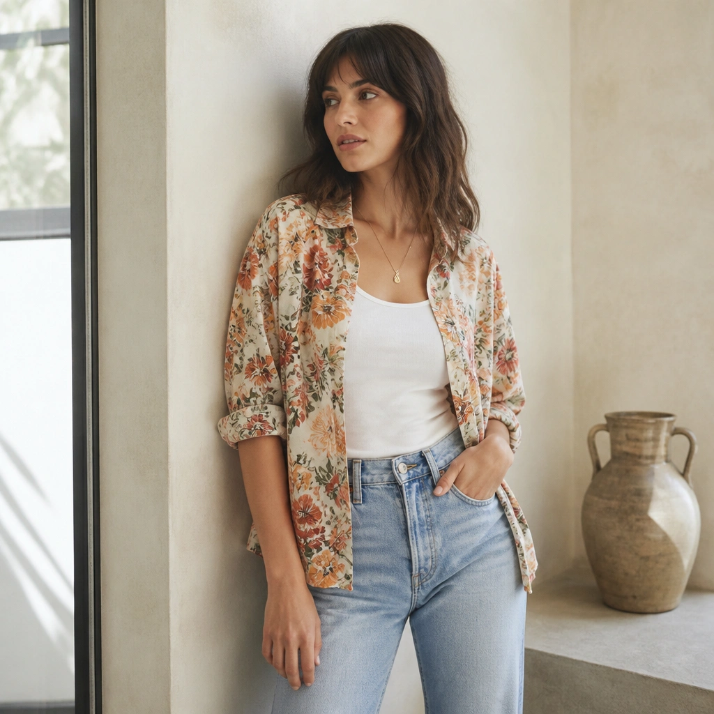 A floral button-up worn open over a solid black or white tank; straight-leg jeans and a simple pendant necklace are shown.