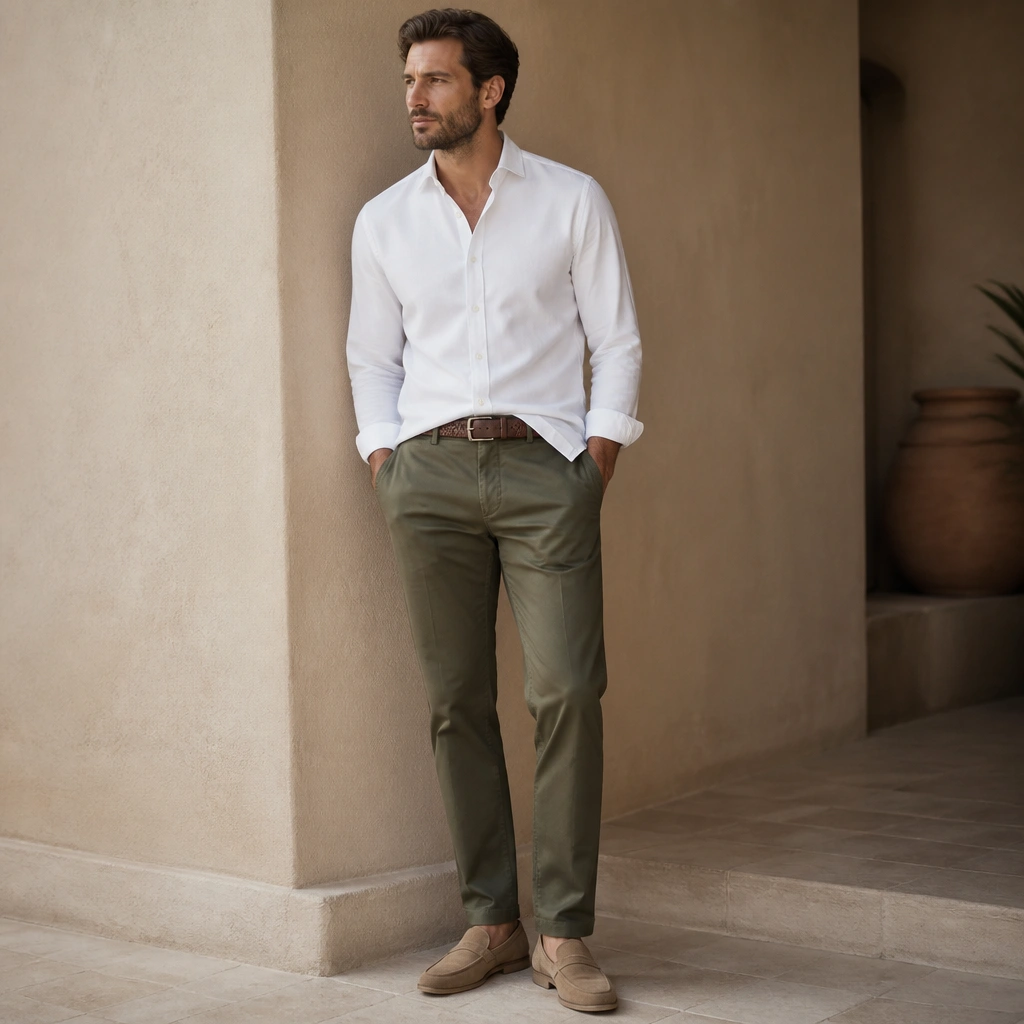 A white button-down buttoned to the second button, worn untucked over olive chinos with a brown leather belt; tan suede loafers and a woven belt strap detail are visible.