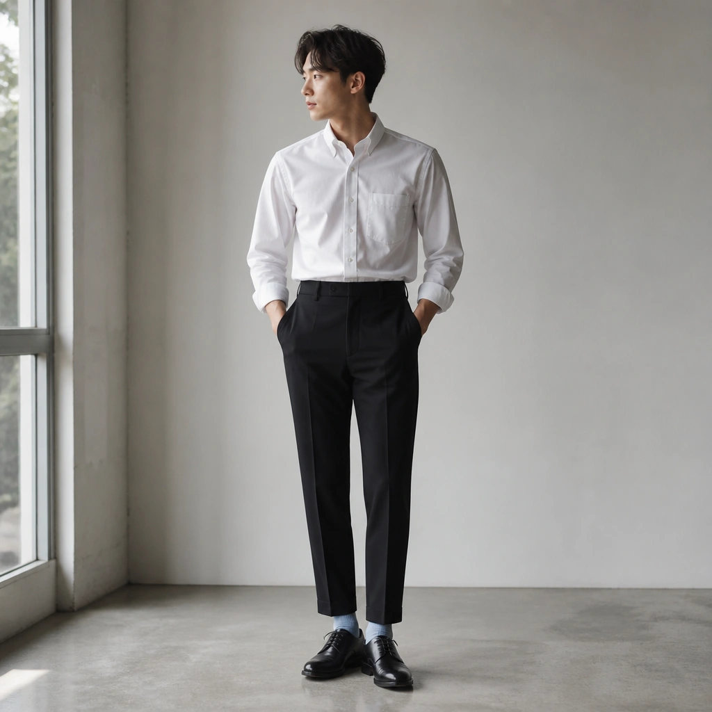 A white button-down worn tucked into black tapered trousers, with a hint of light blue socks above the shoe line; black leather lace-up shoes and a minimal cuffed sleeve look visible.