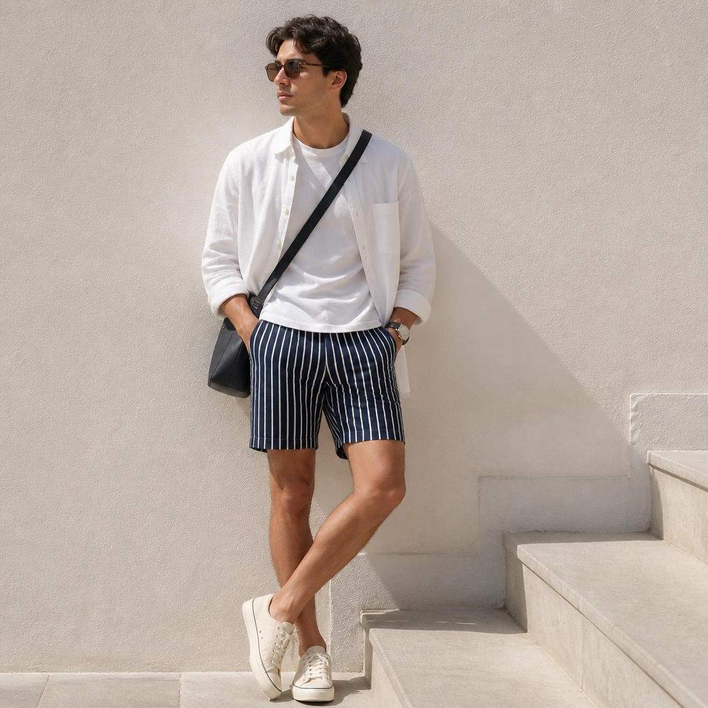 A white button-down worn open over a plain white tee, paired with navy-and-white striped shorts; canvas sneakers and a simple crossbody bag are shown.
