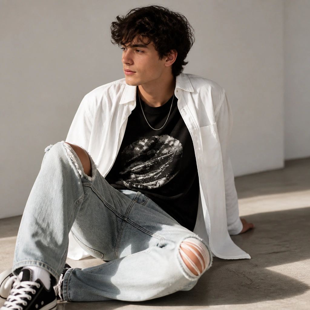 An unbuttoned white button-down layered over a black graphic tee, worn with light-wash ripped jeans; black-and-white sneakers and a thin chain necklace are visible.