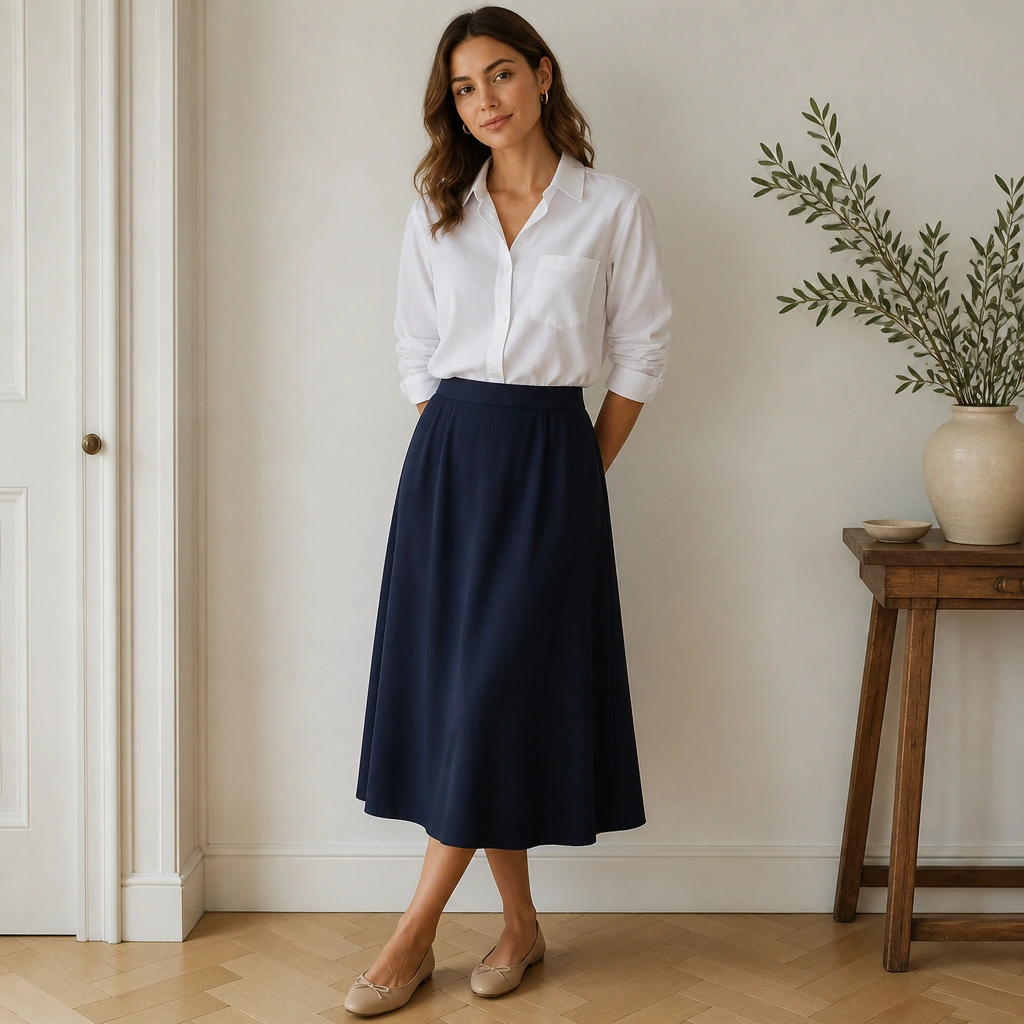 A white button-down tucked into a navy midi skirt with a soft waistband; ballet flats in nude tone and small gold hoop earrings are shown.