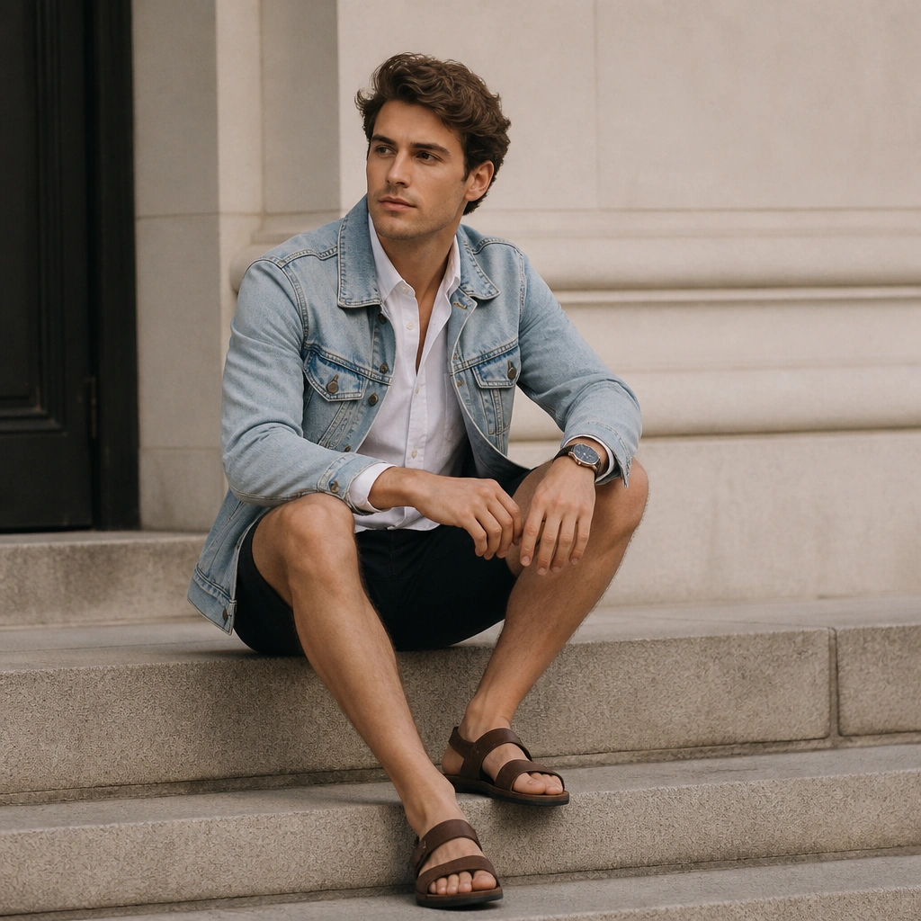 A white button-down worn under a light-wash denim jacket, paired with dark shorts; brown leather sandals and a simple watch are visible.