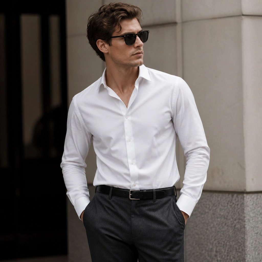 A white button-down worn tucked into matching charcoal suit pants, with the top button undone; black sunglasses and a structured belt are visible.