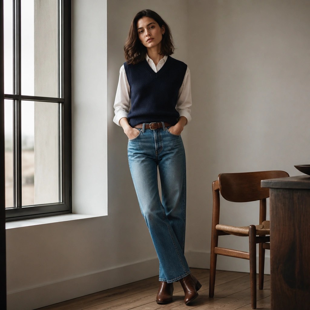 A white button-down buttoned under a fitted knit vest in navy, tucked into straight-leg medium-wash jeans; leather belt and brown ankle boots are shown.