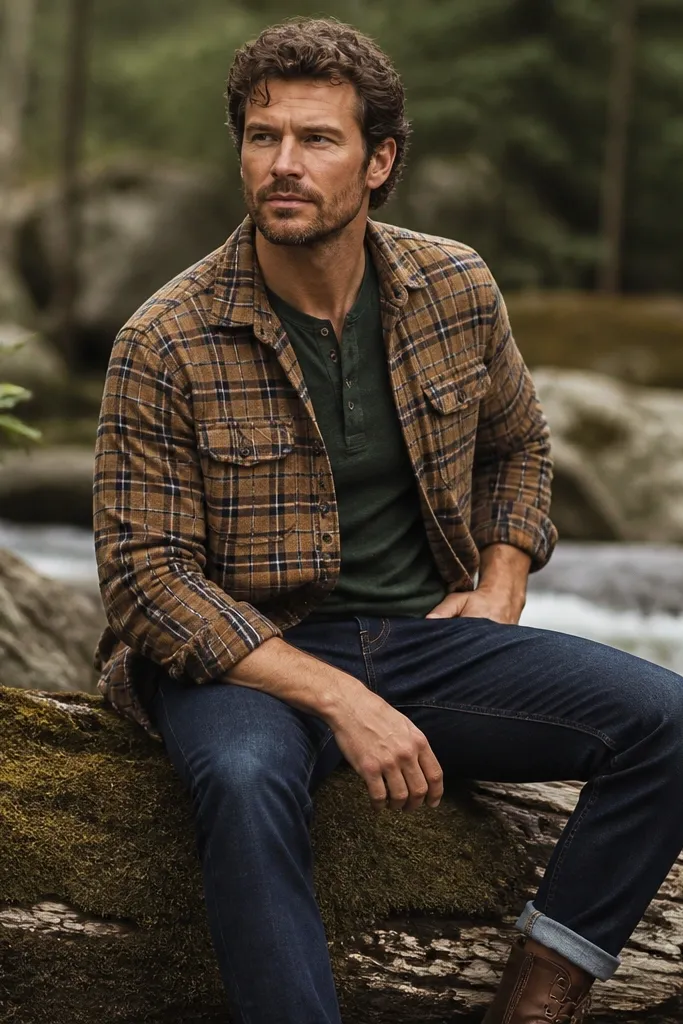 Model in a forest-green henley under a tan-and-brown plaid flannel, buttoned halfway, with dark-wash jeans and brown leather boots.