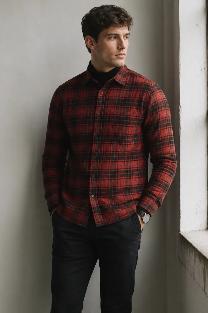 Person wearing a red plaid flannel buttoned fully over a fitted black long-sleeve shirt, with black slim chinos and a simple watch.