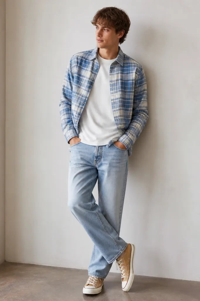 Outfit photo showing a light-blue plaid flannel layered open over a white crew-neck tee, paired with light-wash denim and tan canvas sneakers.