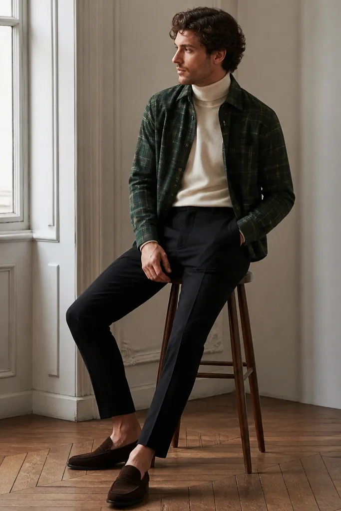 Model wearing a cream turtleneck under a green plaid flannel, with the flannel slightly open and slim black trousers, plus dark suede loafers.