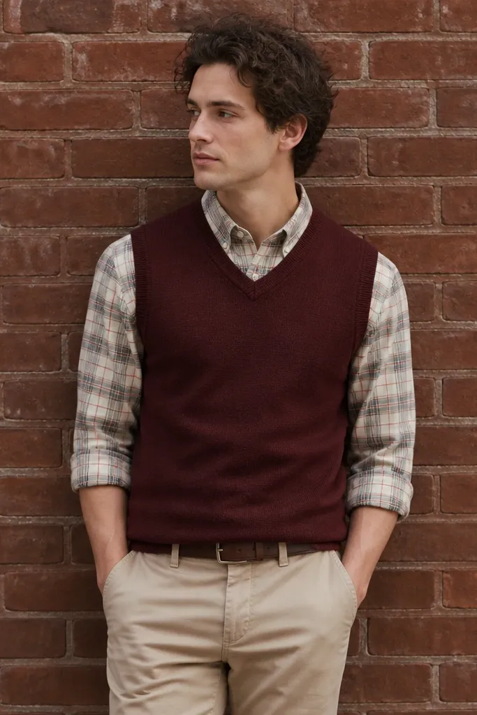 Person wearing a burgundy sweater vest over a light plaid flannel, with khaki pants and a belt, standing in front of a brick wall.