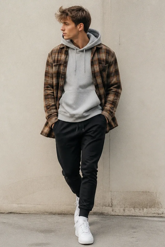 Model with a gray hoodie under a brown plaid flannel worn open like an outer layer, paired with black joggers and white sneakers.