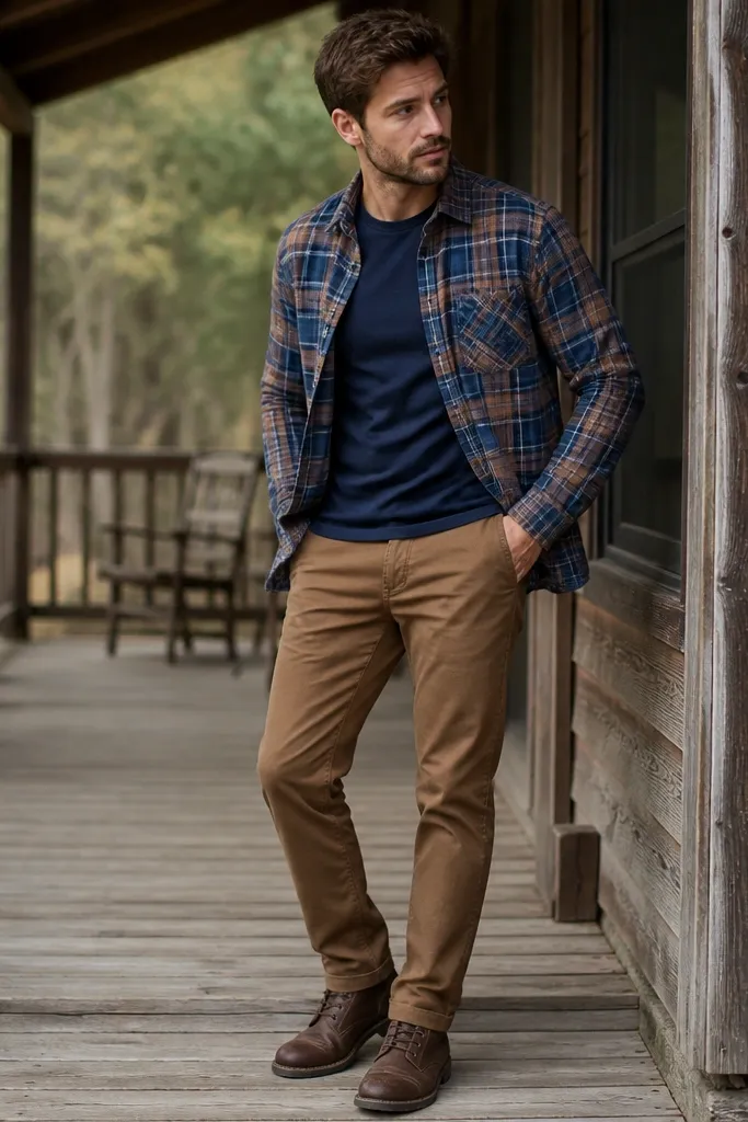 Outfit showing a blue-and-brown plaid flannel open over a navy tee, with brown chinos and dark brown boots.