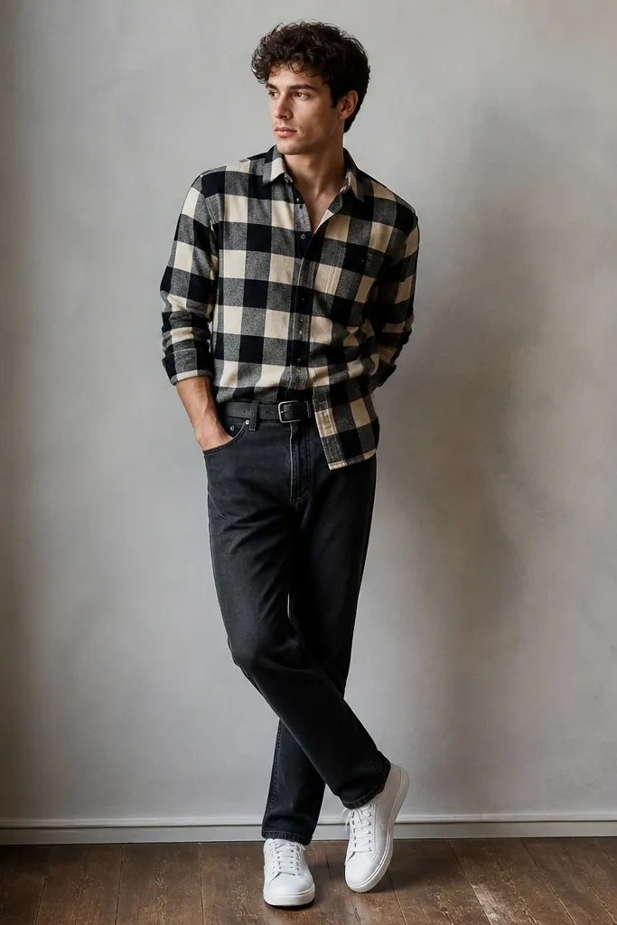 Person wearing a black-and-cream flannel buttoned halfway, half-tucked into dark jeans with a black belt, plus white sneakers.