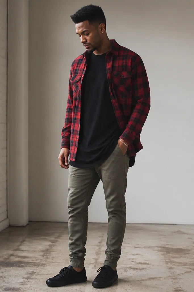 Model wearing a red plaid flannel open over a longline black tee, with olive pants and black sneakers.
