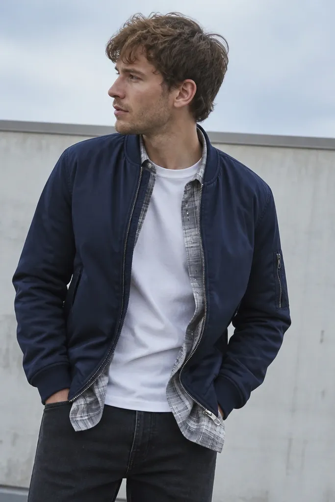 Person wearing a navy bomber jacket over a white tee and a light-gray plaid flannel peeking out at the collar and hem, with dark jeans.
