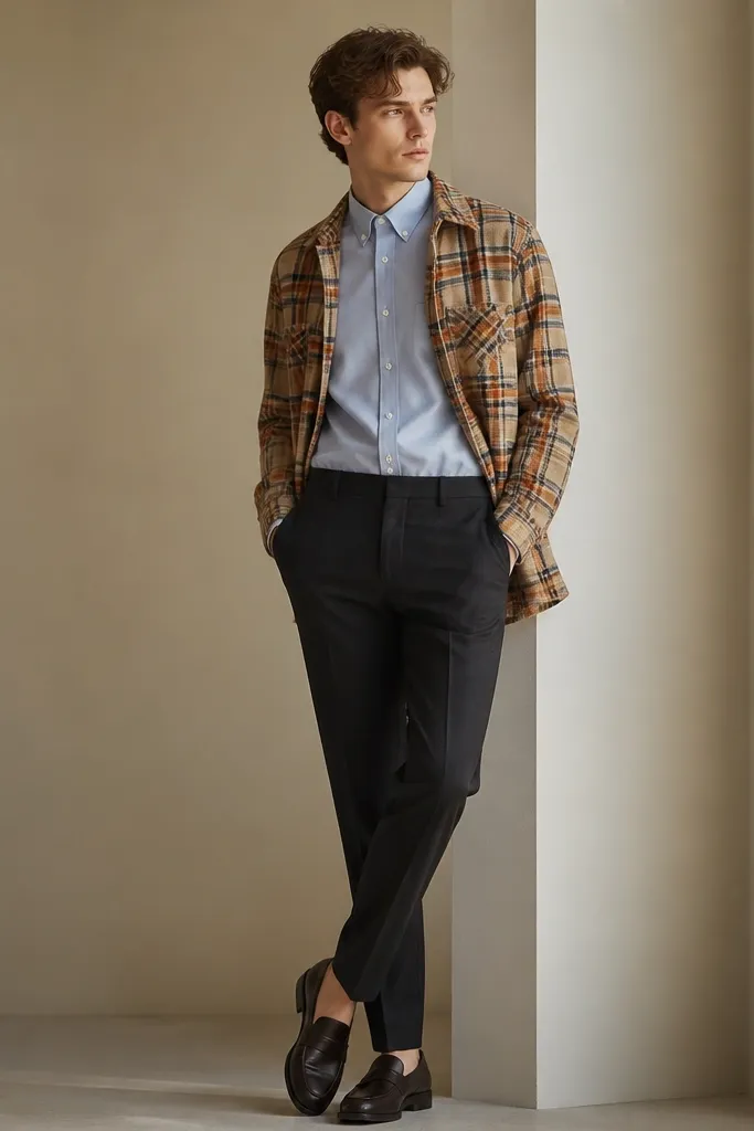 Model wearing a light blue button-up shirt closed neatly under a tan-and-orange plaid flannel worn open, paired with dark trousers and loafers.