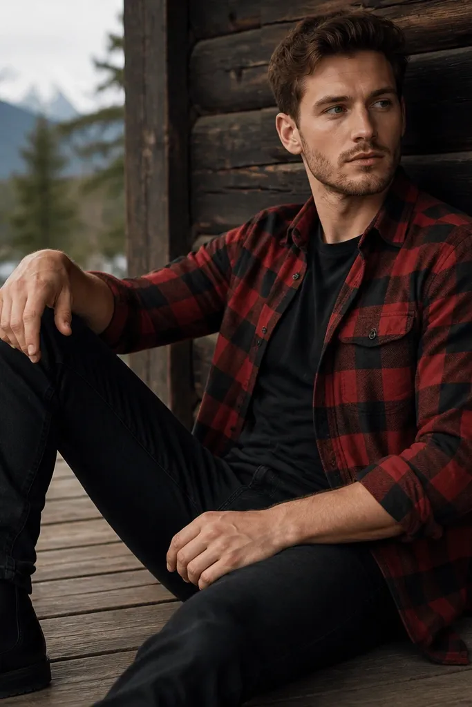 Red buffalo check flannel layered over a black fitted tee, black slim jeans, and black Chelsea boots. The flannel is slightly open at the top with sleeves rolled once.