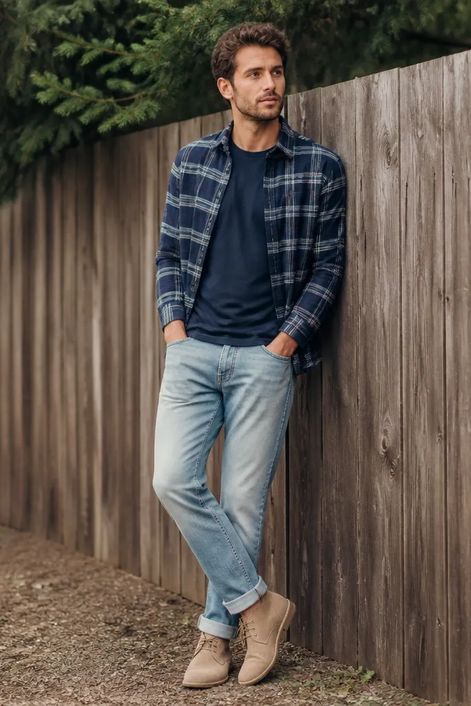 Navy plaid flannel open over a navy t-shirt, light wash denim jeans, and tan suede chukka boots. Outfit photographed outdoors near a wooden fence.
