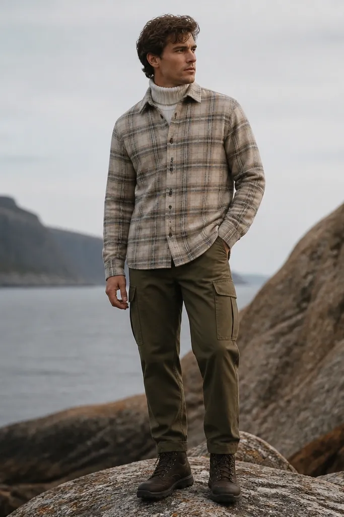 Sand and muted plaid flannel buttoned over a white ribbed turtleneck, with olive cargo pants and dark hiking-style boots. The flannel collar sits neatly over the turtleneck.