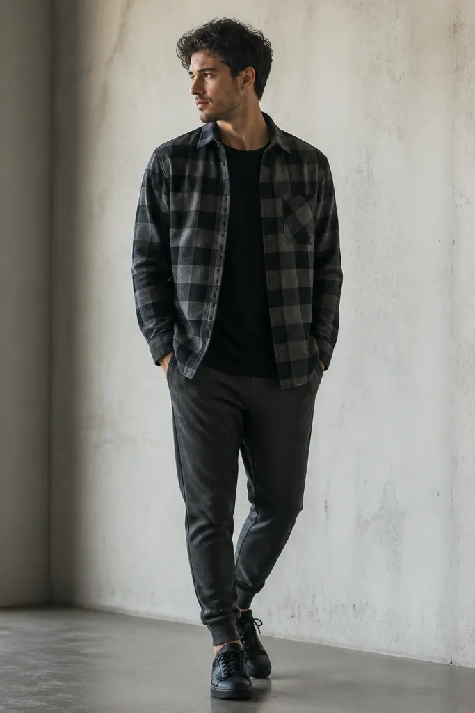 Black-and-gray check flannel worn over a dark tee, paired with charcoal joggers and black sneakers. The flannel hem falls near the hips; joggers are tapered at the ankle.