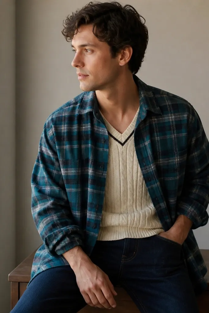 Teal plaid flannel worn open over a cream knit sweater vest, paired with dark wash jeans. A small glimpse of the vest pattern is visible under the flannel.