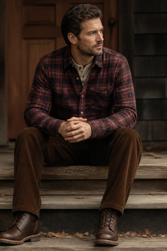 Burgundy plaid flannel buttoned up over a cream henley, with dark brown corduroy pants and rugged leather boots. Cord texture is clearly visible.