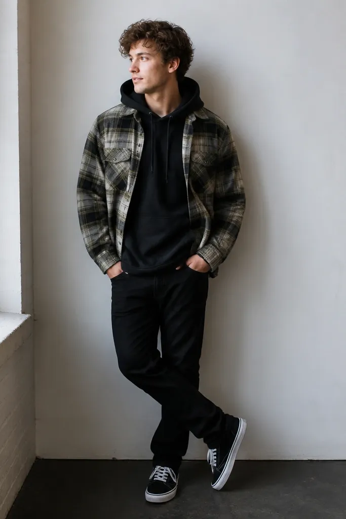 Muted plaid flannel worn open over a solid dark hoodie, paired with black jeans and white-soled sneakers. Hood is visible under the flannel collar.