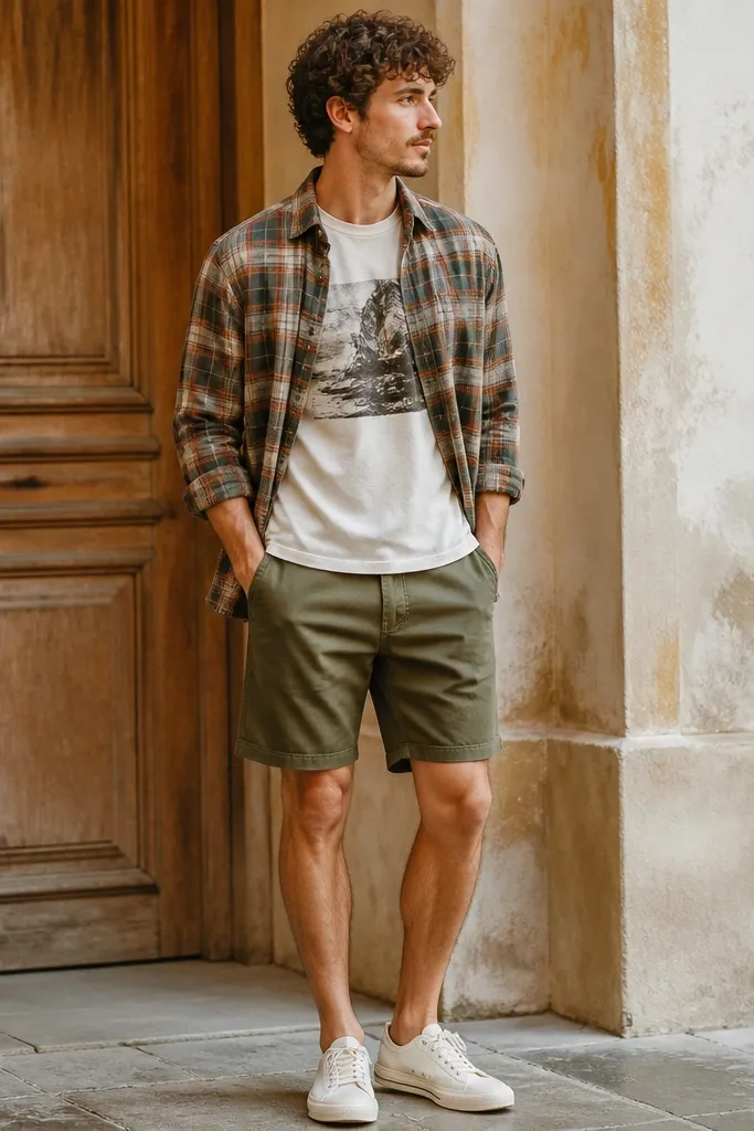 Lightweight flannel in muted plaid worn open over a graphic tee, with olive shorts and off-white canvas sneakers. Outfit shown in warm daylight.