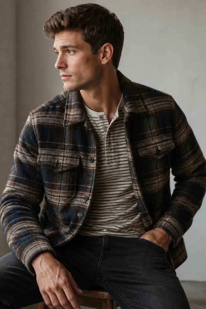 Plaid flannel jacket (shorter length) worn over a striped henley, paired with washed black denim. The jacket has a button front and visible chest pockets.