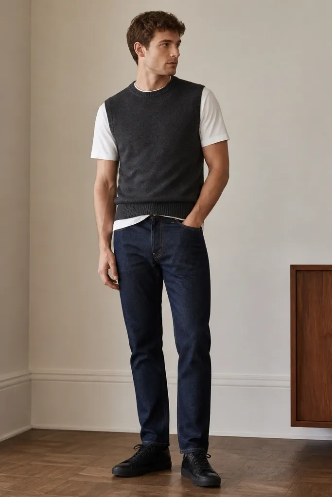 A charcoal sweater vest over a plain white crew-neck tee, styled with dark indigo jeans and black low-top sneakers. The vest is structured and the tee is tucked slightly at the front.