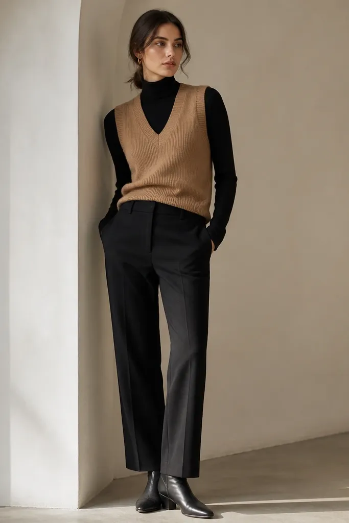 A camel knit sweater vest layered over a fitted black turtleneck. The outfit is paired with straight-leg black trousers and sleek ankle boots.