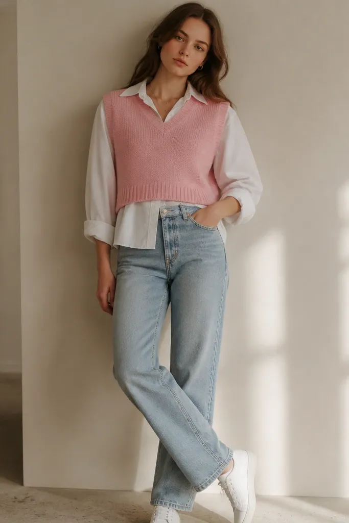 A pastel pink sweater vest over a crisp white shirt, styled with light wash straight denim and clean white sneakers. The shirt is partially tucked and the vest is slightly cropped at the waistline.